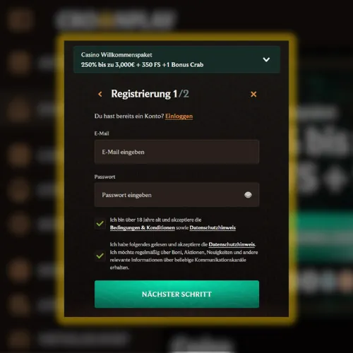 Geben Sie Ihre E-Mail-Adresse und Ihr Passwort in das Crownplay-Registrierungsformular ein